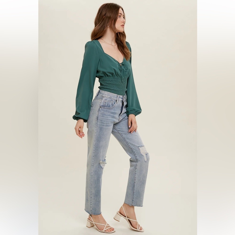 Wishlist Apparel Womens Teal Green Top Size M Smocked V Neck Puff Sleeve Blouse